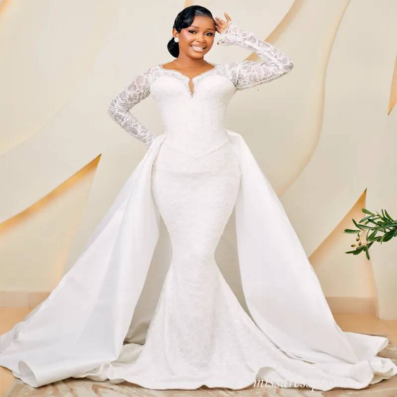 African Arabic Off White Bride Mermaid Wedding Gowns Detachable Train Crystal Beaded Lace Rhinestones Bridal Dress For Marriage D954