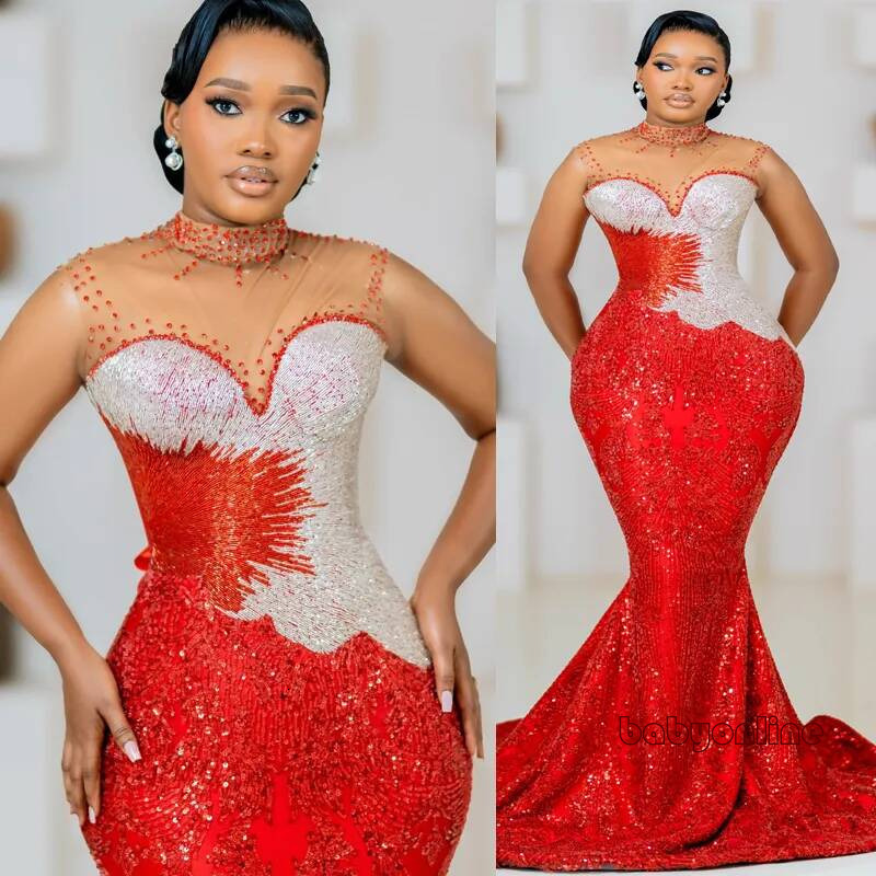 Plus Size Red Mermaid Prom Robe De Soiree High Neck Crystals Party Dress Sequined Lace Formal For Black Women Birthday Gowns Am3787
