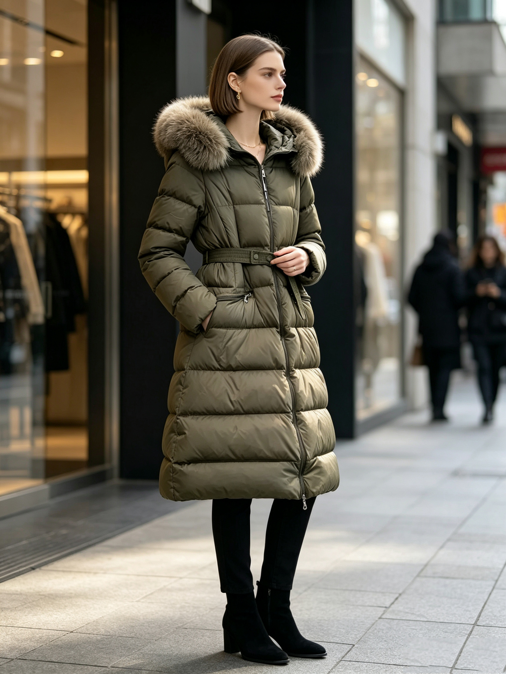 Designer Womens Down Jacket waist-cinching Long Coat Large Pocket Fur Collar Thermal Top Female Winter Coats Long Down Jacket Large Clothing