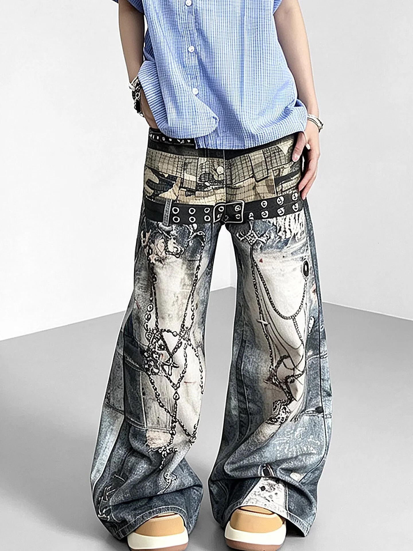 American Punk Style Chain Print Wide Leg Jeans Unisex Loose Fit Vintage Subculture High Street Long Trousers Casual Jeans 261016