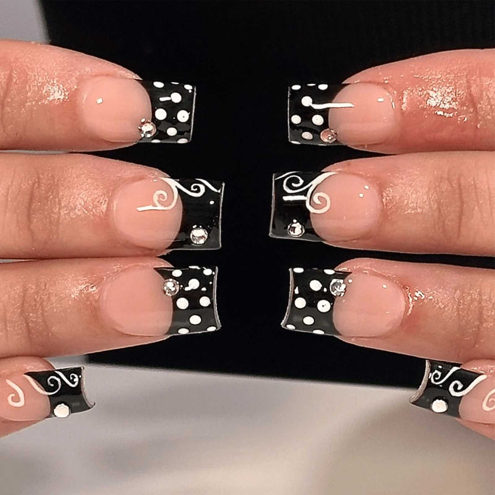 False Nails 24pcs Simple Black French Style False Nails White Polka Dot Stripes Flash Diamond Decor Press On Nails Short Square Fake Nail Q261017