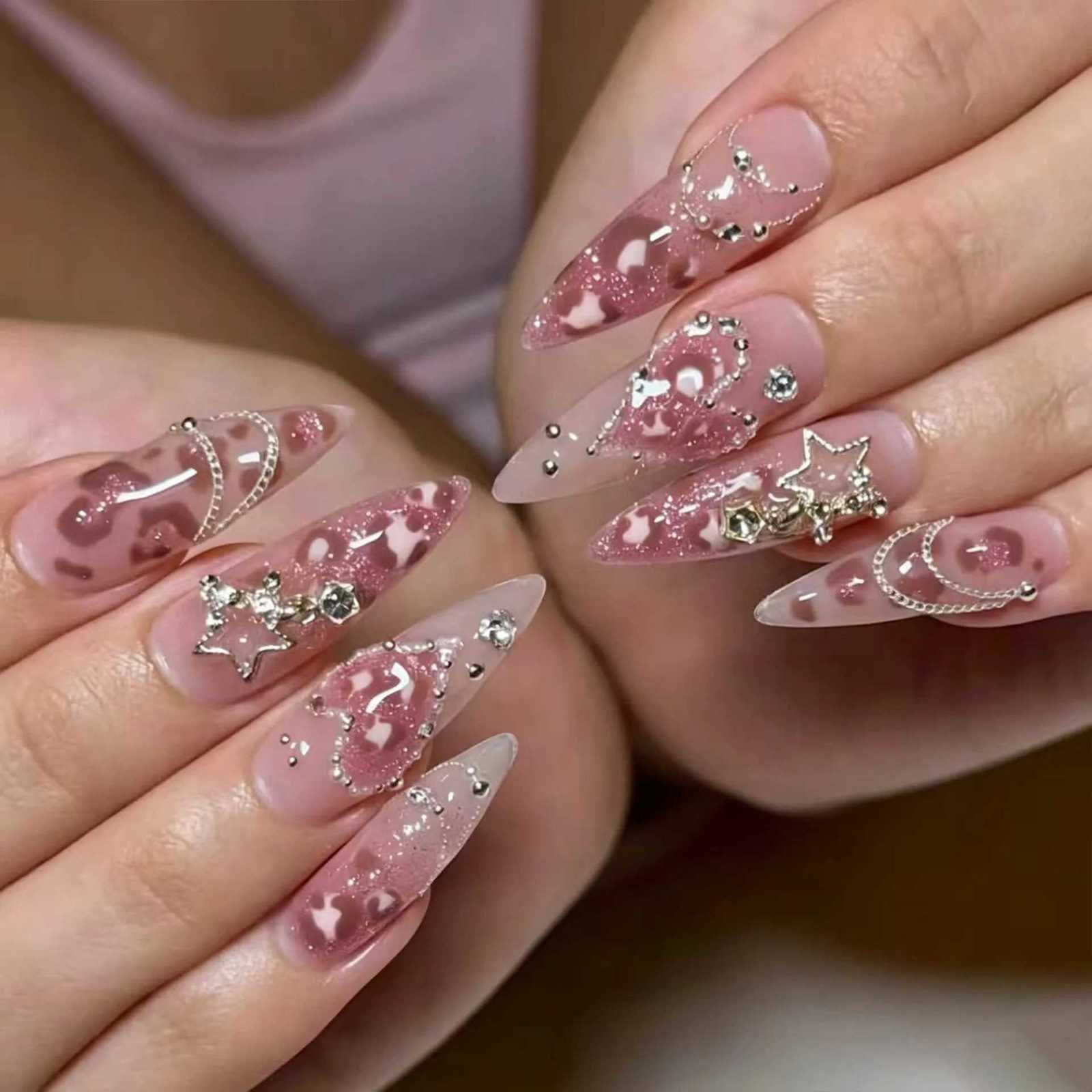 False Nails Y2K Sweet Pink Leopard Print Glitter Rhinestone Star Love Long Stiletto False Nails Detachable Finished Fake Nail Press on Nails Q261017