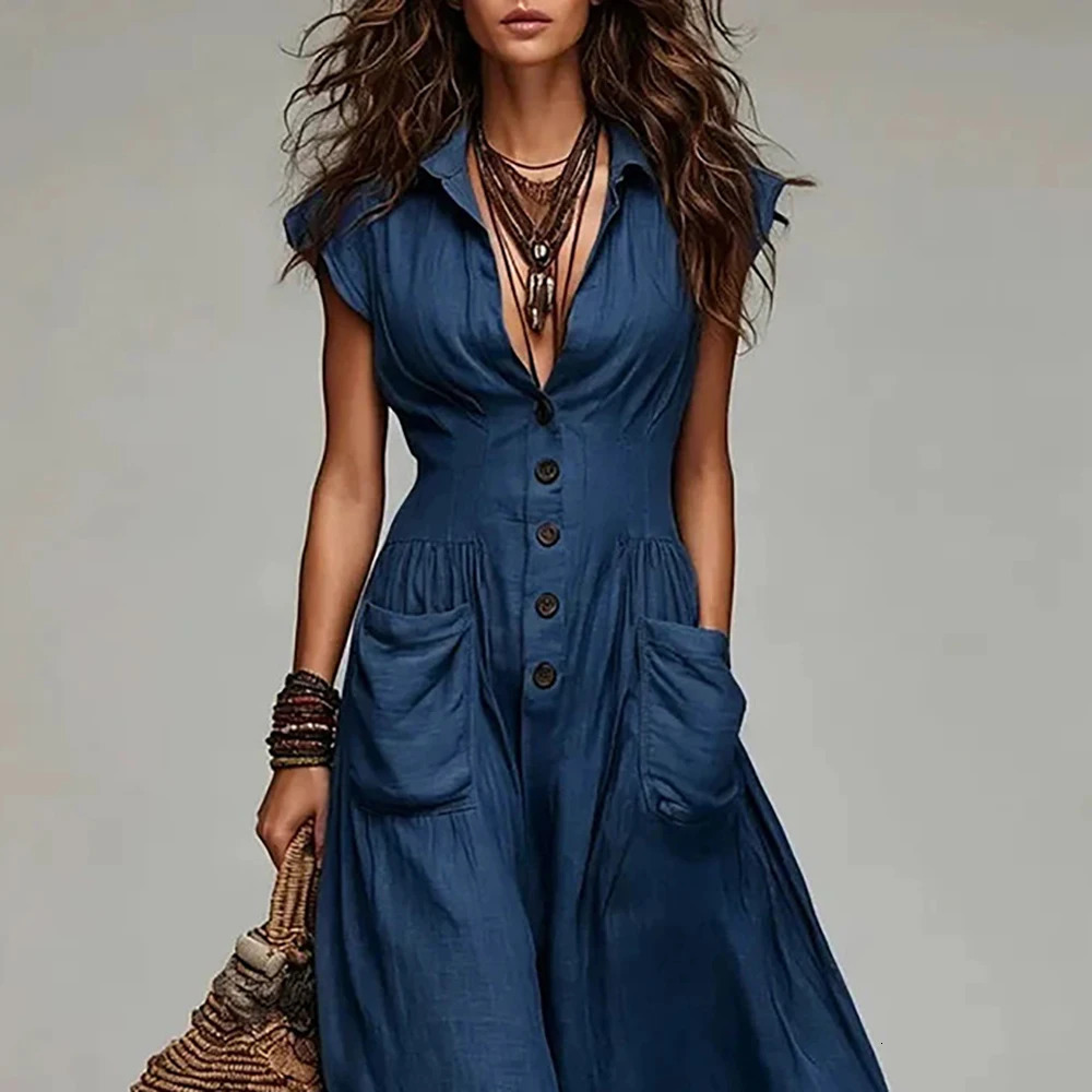 Women Faux Denim Elegant Maxi Dress Solid Sleeveless Lapel High Waist Big Pockets Flowing Hem Summer Daily Vacation Long Dresses 261015