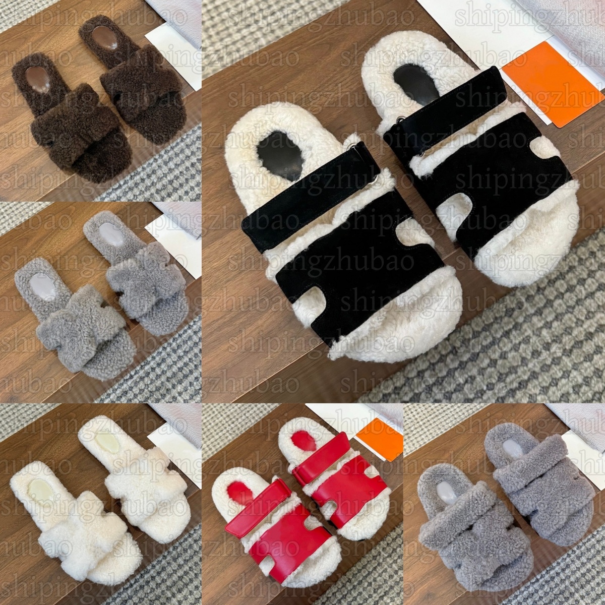 Designer Chypre Sandal Noir Calfskin Leathe Cognac Brun Fume Suede Woolskin Slides Womens Pink Orange Marron Teck Ecru Natural Shearling Rose Du Des