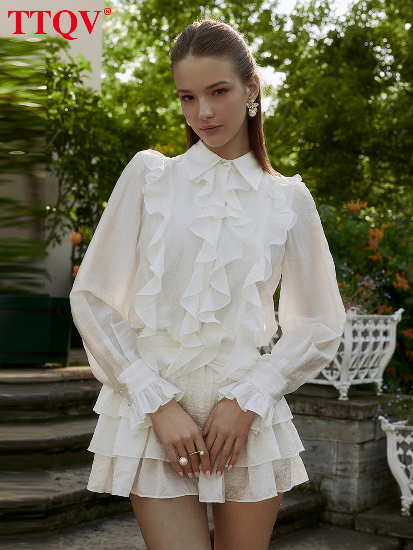 Fashion Loose White Women's 2026 Casual Lapel Long Sleeve Mini Dresses Elegant Classic Ruffles Solid Female Dress