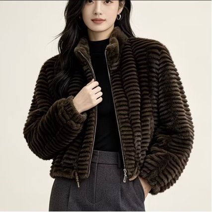 Winter Collection: Women's Short, Stand-Up Collar, Faux Top Made From Golden Mink Fleece, Offering Luxurious And Eco-Friendly Fur Coat With A T