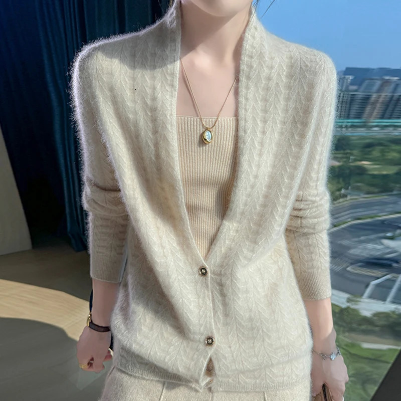 Scarf Collar Women Cardigan Tops Autumn Winter Chic 100% Merino Wool Sweater Graceful Woman Wool Sweater Elegant Soft Blouse 261016