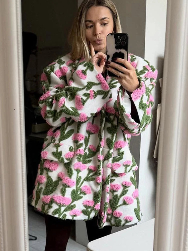 Flower Lamb Fleece Womens Jacket Oversize Lapel Long Sleeve Pockets Female Coats 2026 Spring Autumn Street Lady Outerwear 261016