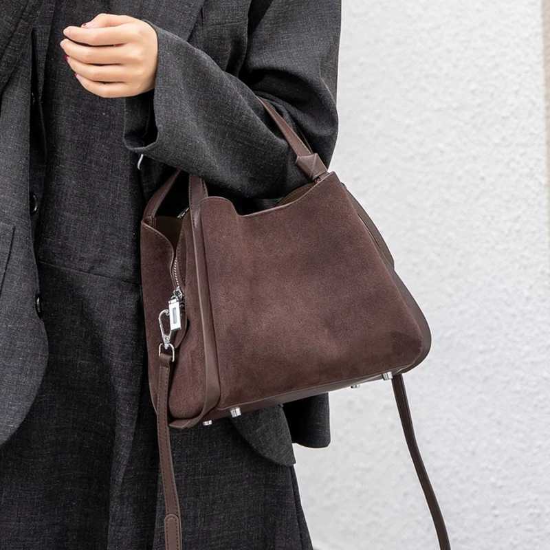 Evening Bags BURMINSA Genuine Leather Suede Bucket Shoulder Bag For Women Patchwork Top Handle Handbags Vintage Office Crossbody Purse H261016