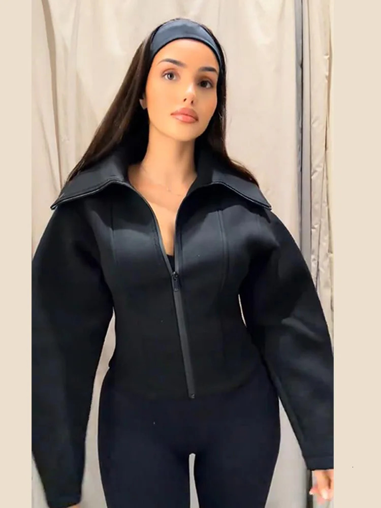 Fashion Black Women Turn Down Collar Jacket Casual Long Sleeve Zipper Loose Female Coat 2026 Spring Lady Outerwear High Street 261016