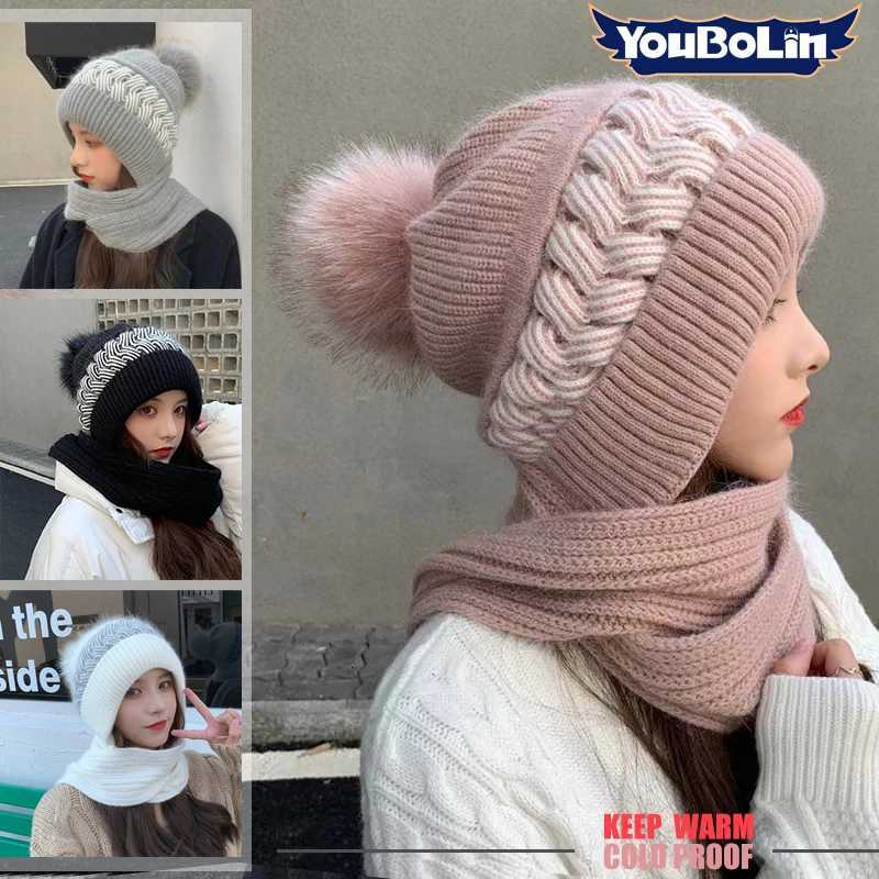 Beanie/Skull Caps Womens Winter Warm Hat Neck Warmer Integrated Knitted Hats Thick Ear-Protecting Scarf Beanie Hats Q261017