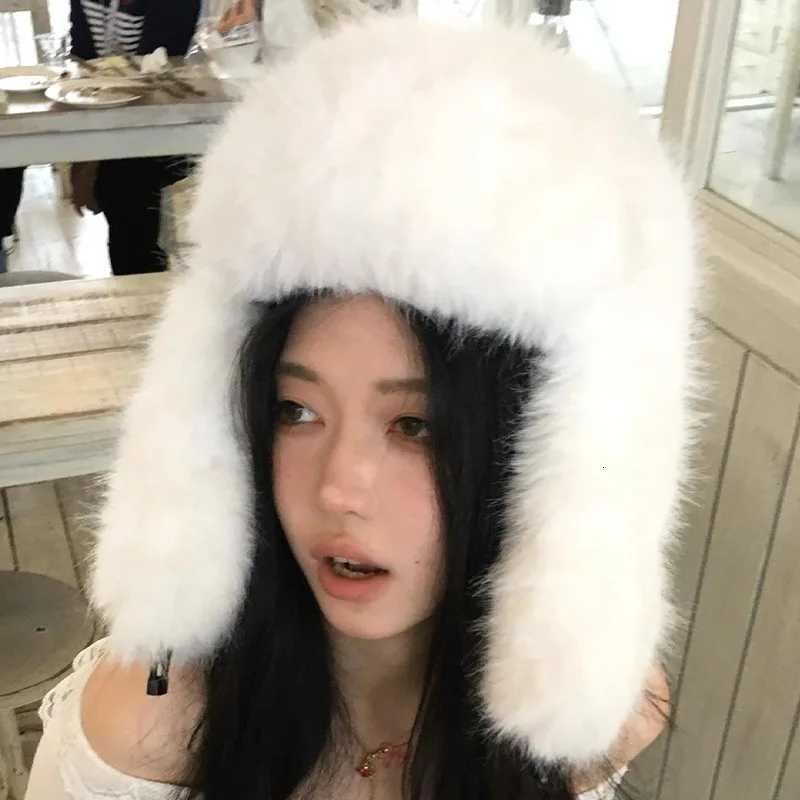 Trapper Hats Winter Fluffy Plush Fur Hat Women Korean INS Ear Protection Windproof Warm Headgear Bomber Hat Girls Fluffy Thicken Earflap CapsT261017