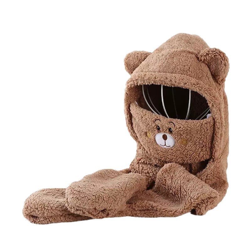 New Korean-style plush for women, autumn winter warm cute bear fur hat and scarf three-piece set
