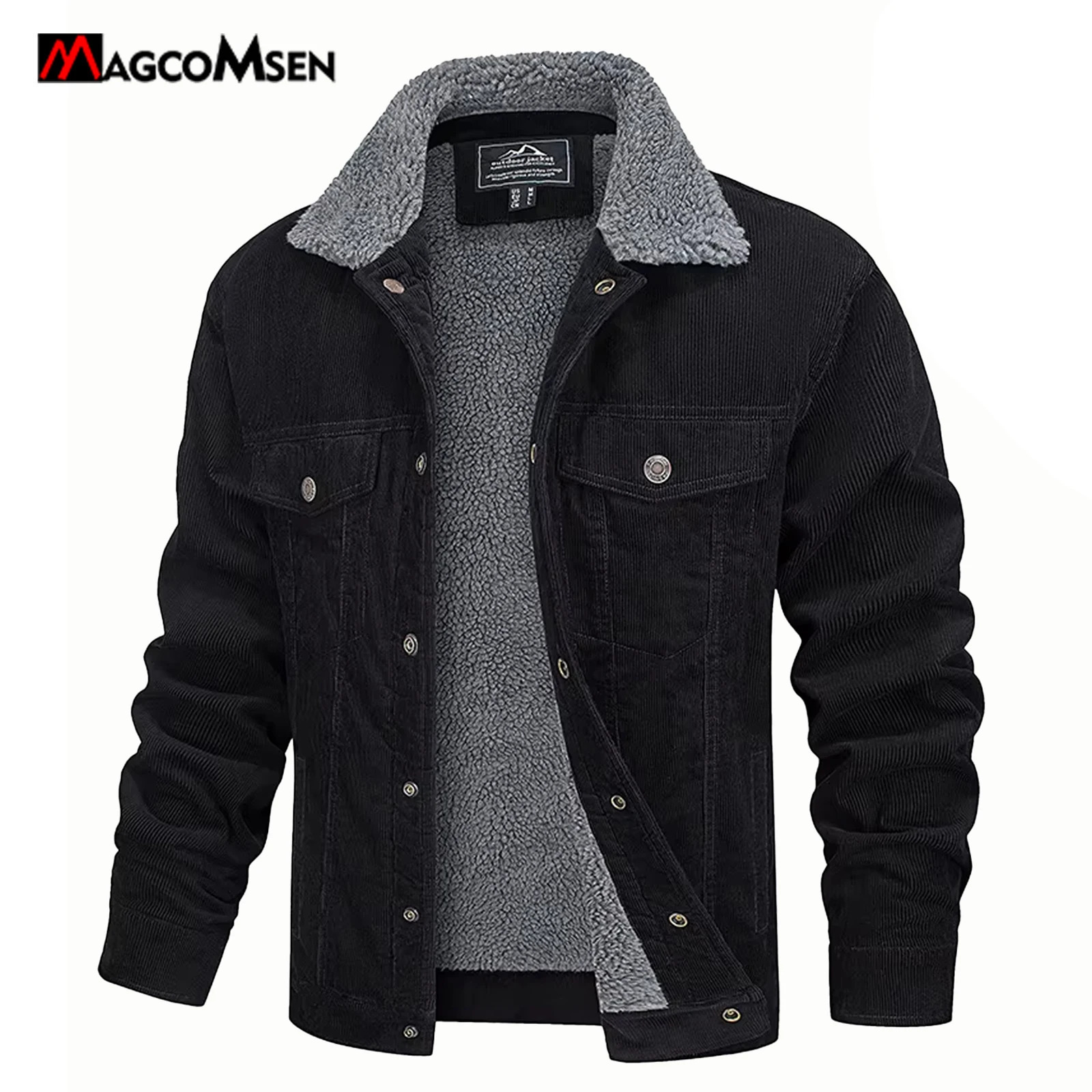 MAGCOMSEN Mens Corduroy Jackets Vintage Sherpa Fleece Windbrekaer Thick Warm Winter Coats MultiPockets Casual Denim Jacket 261016