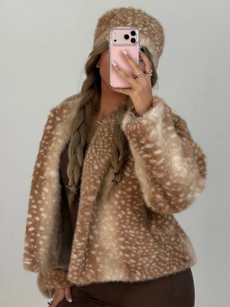 Deer Spot Faux Fur Two Piece Set Women V Neck Open Front Fluffy Coat Matching Bucket Hat 2026 Autumn Winter Warm Fashion Outfit 261016