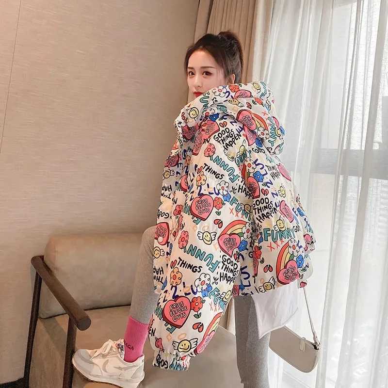 Women's Down Parkas Print High-End Quality Hoody Down Jacket 2024 New Women White Down Cotton Jacket Student Fried Street Winter Thick Coat Ove