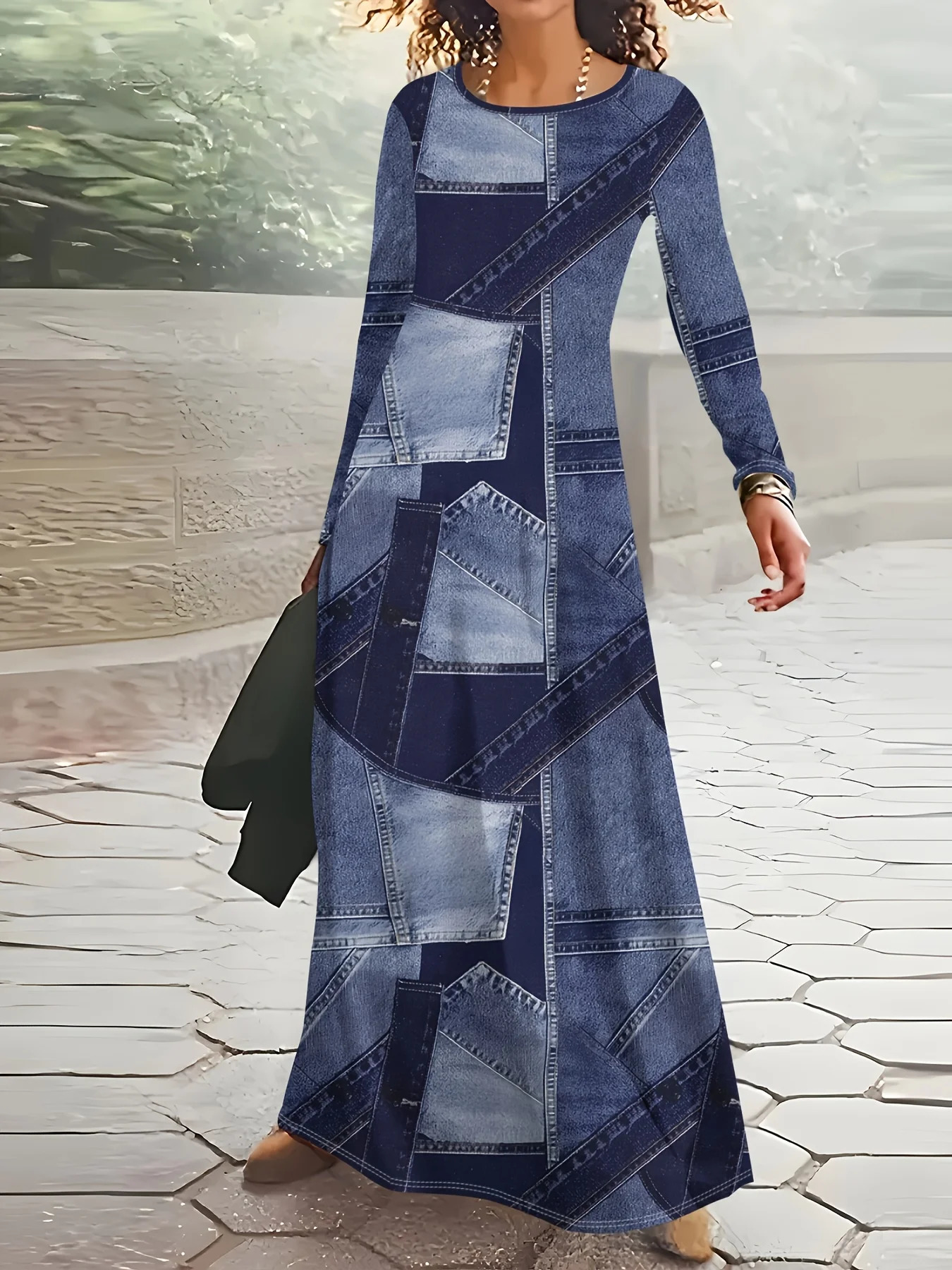 Women's Long Sleeve Round Neck Casual Dress with Denim Patchwork Print Floral Pattern A Line Midi Spring Summer Fashion 261015