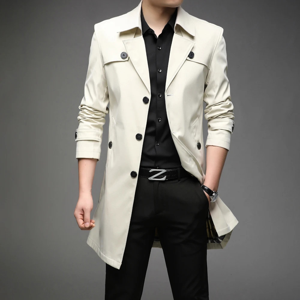 Men Long Trench Coats Hight Quality Button Windbreaker Mens Fashion Turn Down Collar Solid Trench Outerwear Jackets Plus Size 261015