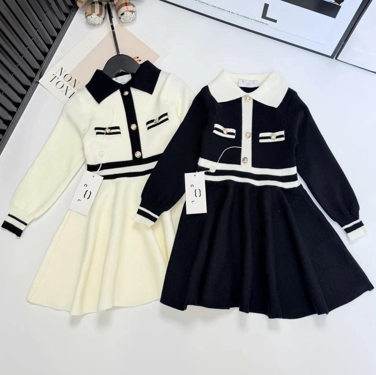 Designer Kids Clothes Girls Knit Dress Toddler Color Block Collar Long Sleeve Pleated Swing Dress Children Teen Girl Preppy Style Waistband Casual P