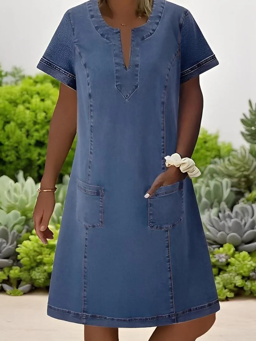 Denim Dress Women Streetwear Dresses V Neck Short Sleeves Pockets A Line Vintage Distressed Washed Summer Vestidos LYQ603122 261015