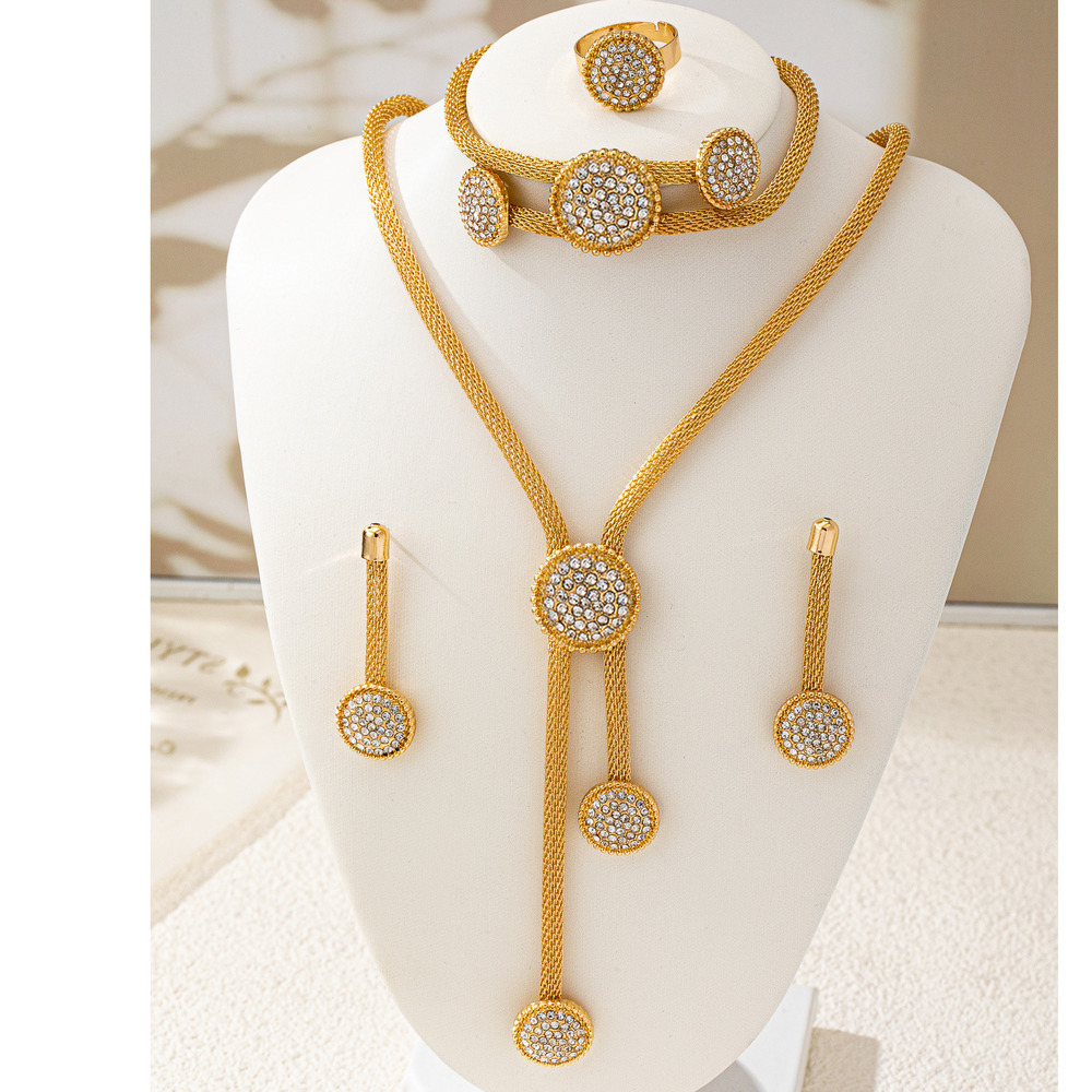 Vintage Minimalist Trendy Light Luxury Jewelry Set Round Zircon Necklace Earrings Bracelet Alloy Accessories For Women Daily Party Wear Fashion Exqu