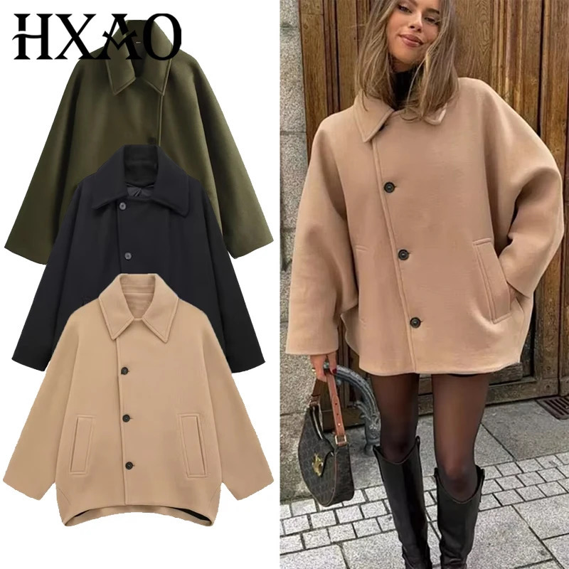 HXAO Women's Jacket Outerwears WOOL Blends Coats Autumn Winter Short Winds Women Tweed Suede Jackets Wool Coats and Mixtures 261014