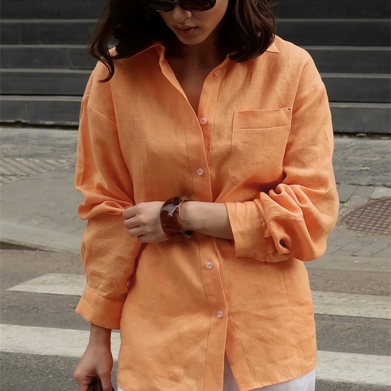 Spring White Women's Linen Shirt Long Sleeve Beautiful Blouses Elegant Basic Top Collar Yellow Blue Cotton Shirt for Women 261015