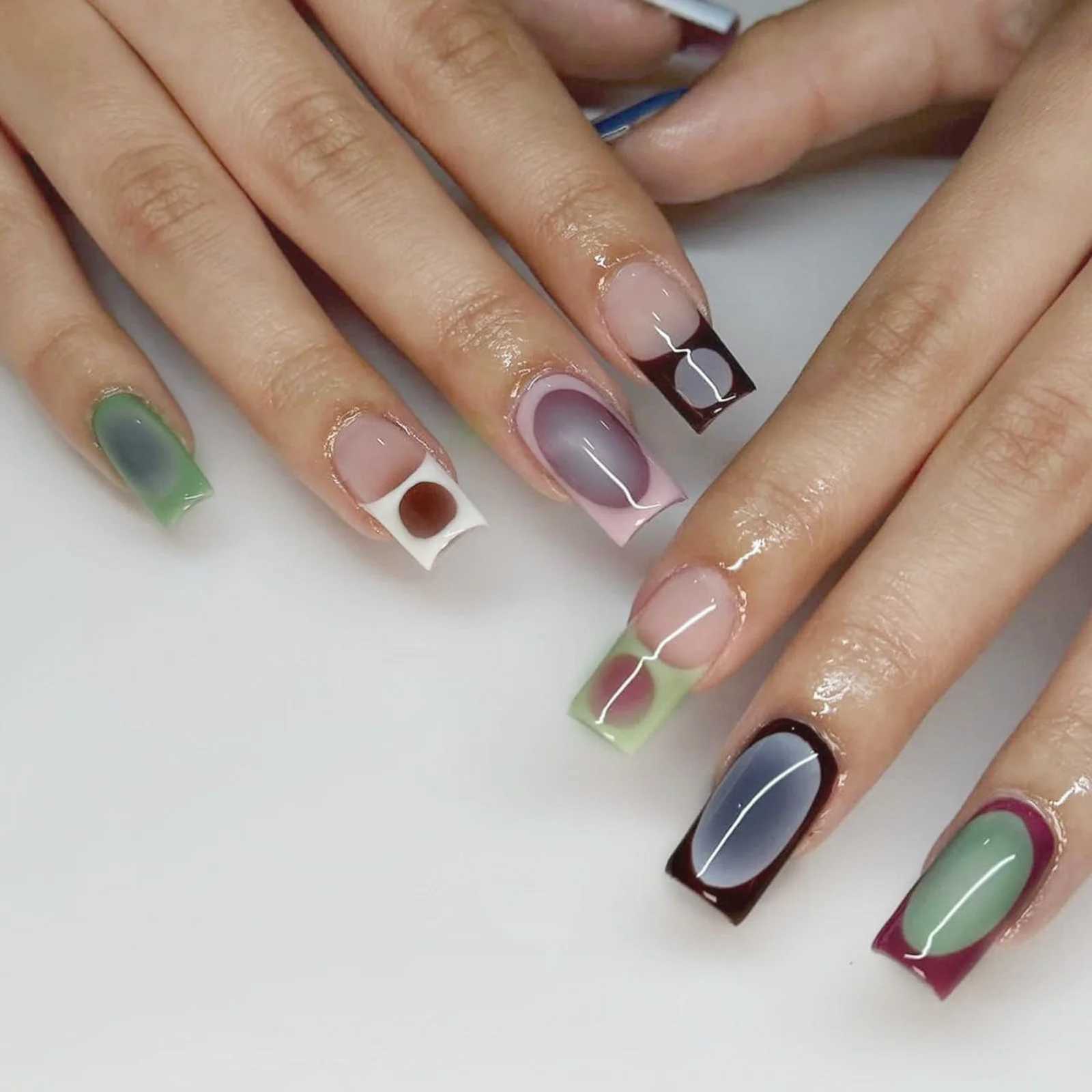 False Nails 24pcs French Style Smudging False Nails Mid-length Square Shaped Fake Nail Full Cover Sweet Cool Wearable Press On Nail For Girl Q261017