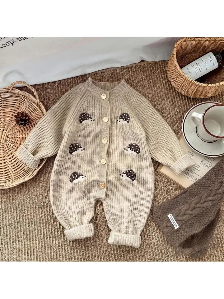 Korean-Style Spring and Autumn Clothing Baby Knitted Jumpsuit Super Cute Little Hedgehog 100-Day Knitted Crawling Suit for Going Out 261015