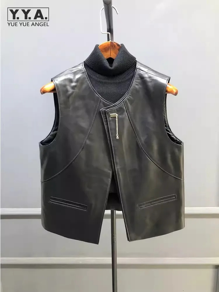 Fashion Women Genuine Leather Vest ONeck Cardigan Waistcoat Black Casual High Street Female Sheepskiin Sleeveless Jacket 261016