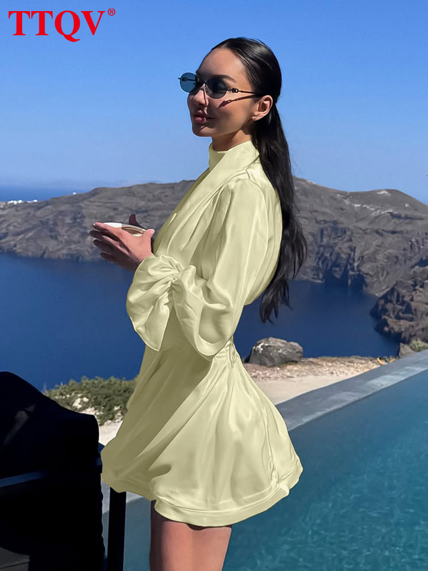 2026 Fashion Loose Yellow Women's 2027 Autumn Stand Collar Long Sleeve Mini Dresses Elegant Classic Solid Female Dress