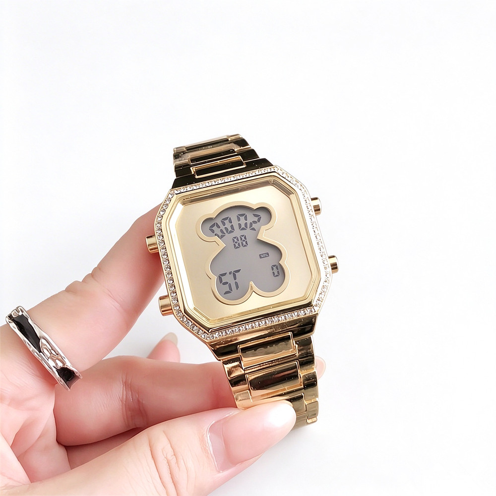 Hot Fashion Women Men Simple Silver Rose Gold Stainless Steel Span Cartoon Animal Bear White Crystal Clasp Chain Electronic Watch Bracelet Jewelry