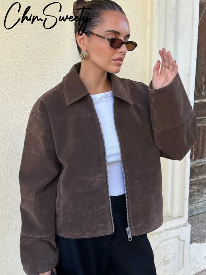 Fashion Brown Suede Women's Jackets Turn-Down Collar Zipper Loose Lady Short Coats 2026 Spring Female Street Office Outwear 261015