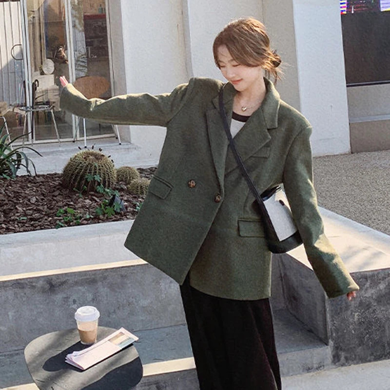 Women Korean Woolen Blazer Vintage Loose Casual Button Office Lady Suit Coats Elegant Autumn Aesthetic Green Simple Jacket 261016