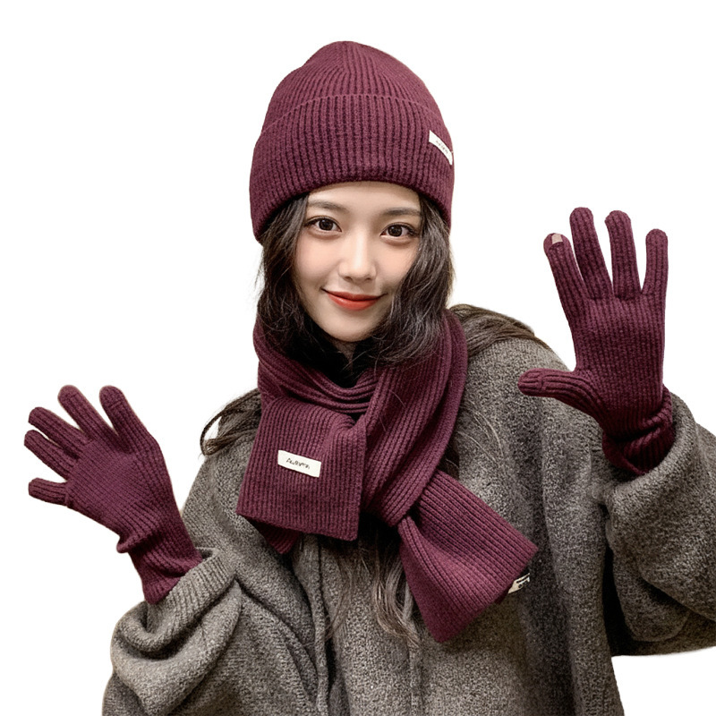 Solid Color Knitted Wool Hat Scarf Gloves ThreePiece Autumn Winter Imitation Cashmere Red Warm New Year Christmas Set