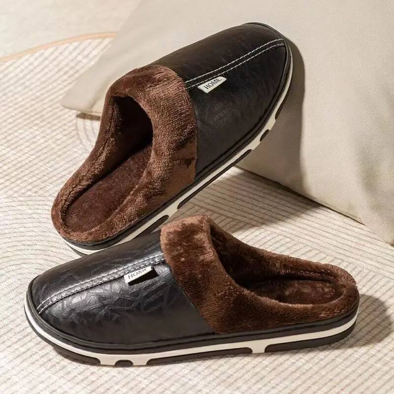 Men's Big Size Winter Slippers Indoor PU Leather Home Waterproof Fluffy Casual Slides Men Bedroom Comfy Shoes Houseshoes ddmykukumalu