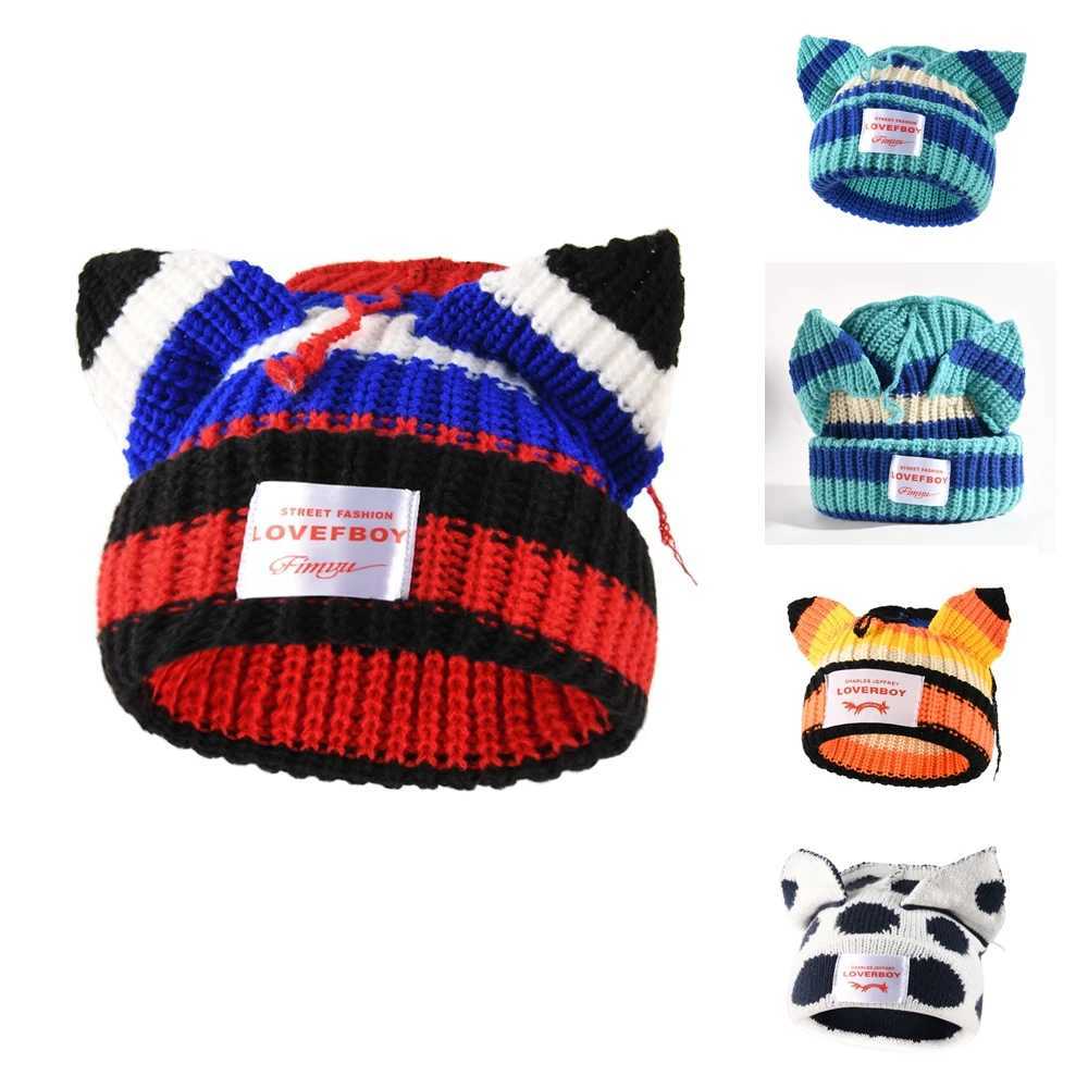 Beanie/Skull Caps Ladies Cute Cat Ear Design Ribbed Stripe Knitted Hat Woolen Cap Winter Warm Unisex Fashionable Earflap BeanieT261017