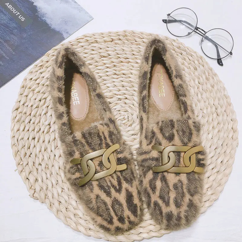 sexy leopard fur flats women metal chains band winter cotton shoes woman square toe furry mocasines warm flats big size 43-45 261017