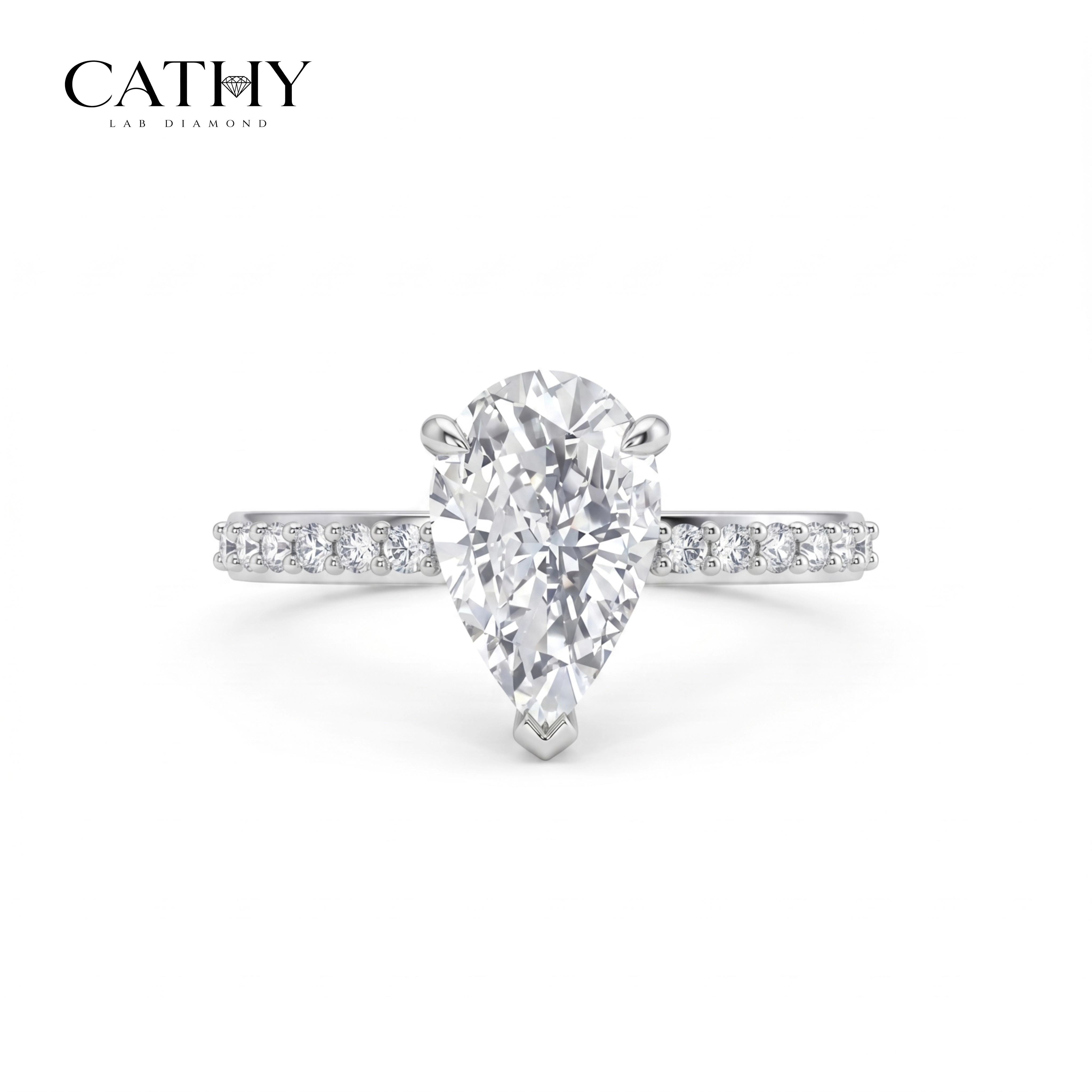 CATHY 1ct 2ct Pear Cut CVD Lab Grown Diamond Engagement Ring Pave Band 18K White Gold Eco-Friendly IGI Certificate