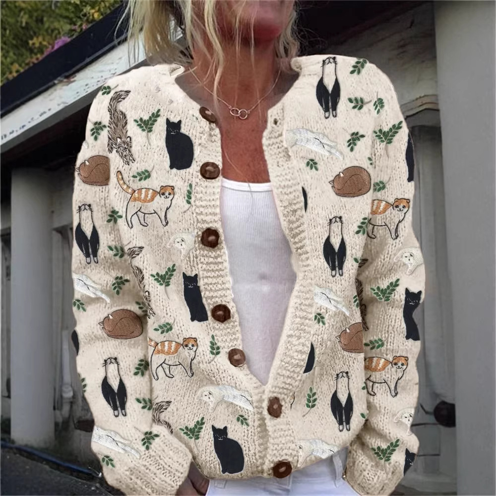 2026 'S Best-Selling Autumn/Winter European And American Fashion Versatile Printed Knit Sweater Cardigan Free Shipping