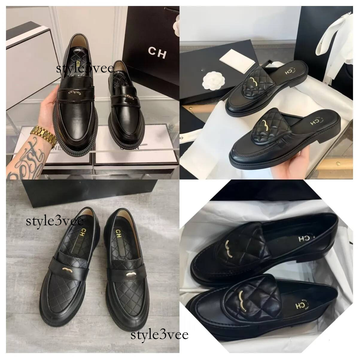 2026 Designer chan shoes Luxury r Women Loafers Black Leather Quilted Platform Slip On channal Shoes Gold Non slip Casual shoes cc loafers 621