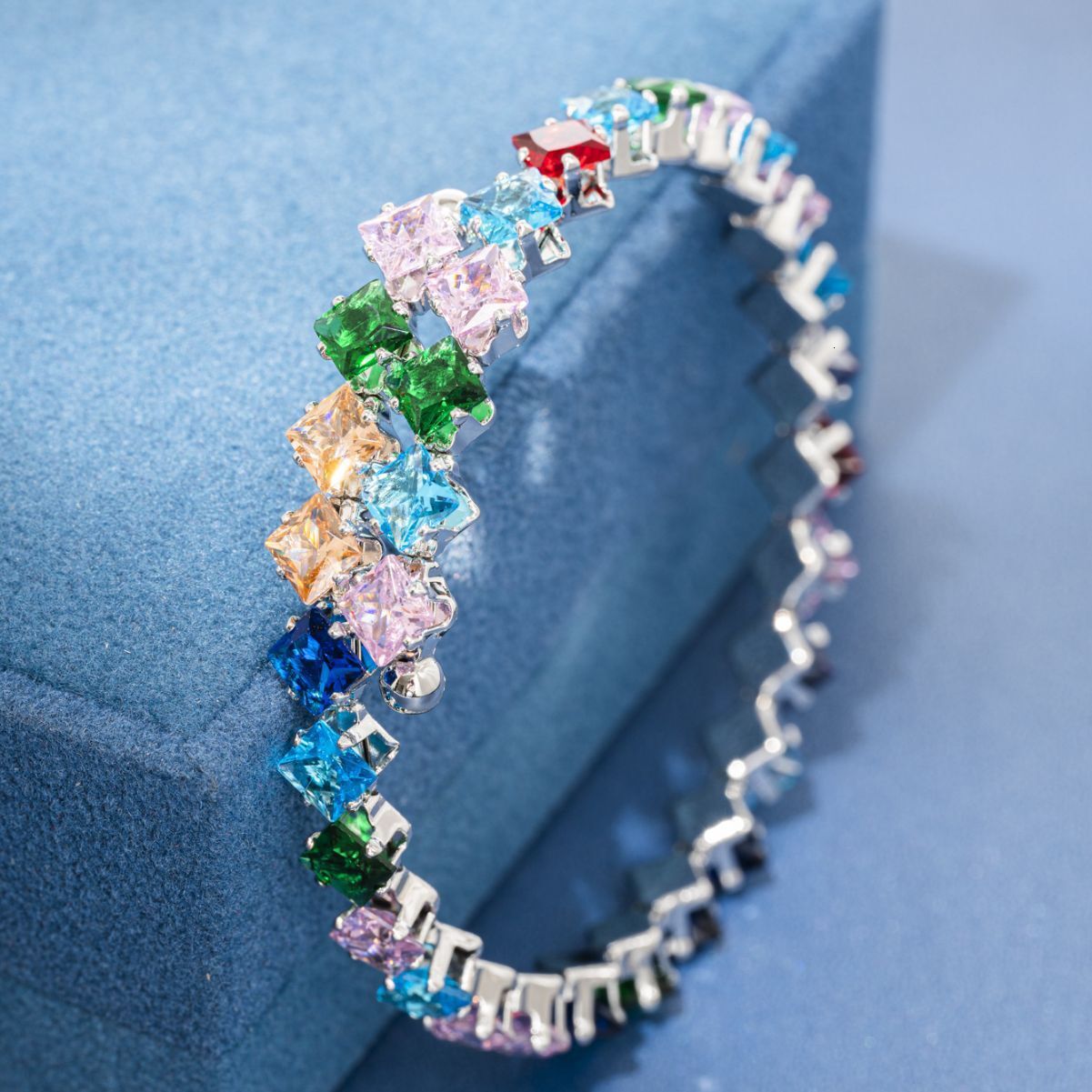 Popular In Europe America: Square-Shaped, Colorful Cubic Zirconia Bracelet For Women, Featuring Full Diamond Design, Lightweight Luxury, Gold-Plated