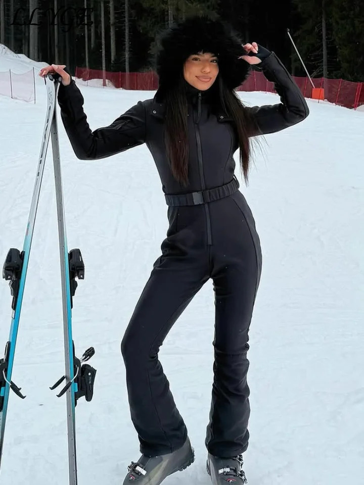 Chic Hooded One Piece Womens Winter Ski Suits Belt Stand Collar High Waist Pockets Overall Jumpsuits 2026 Lady Warm Skiwear 261016