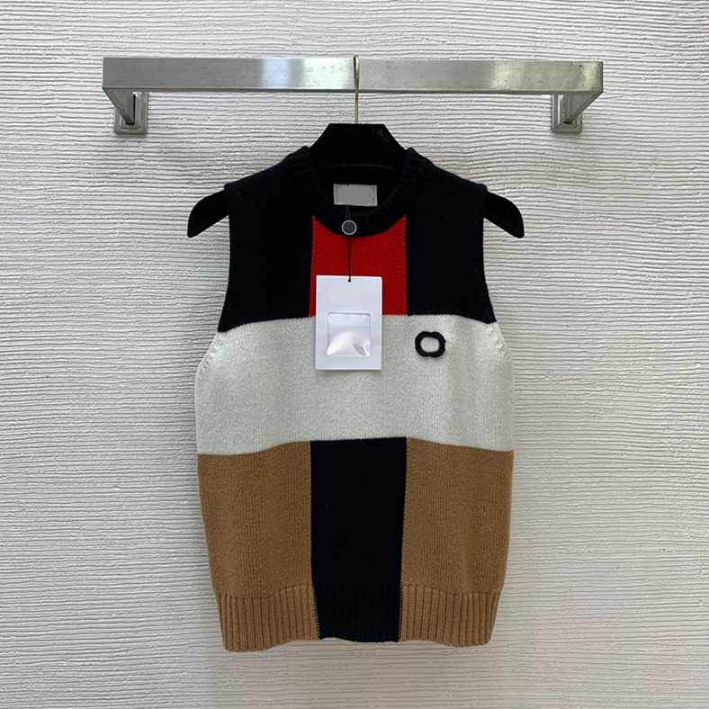 Vintage Women Contrast Knit Vest Elegant Crew Neck Sleeveless Rib Trim Applique Top Summer Autumn Banquet Meeting Vacation Street Style Knit Tank