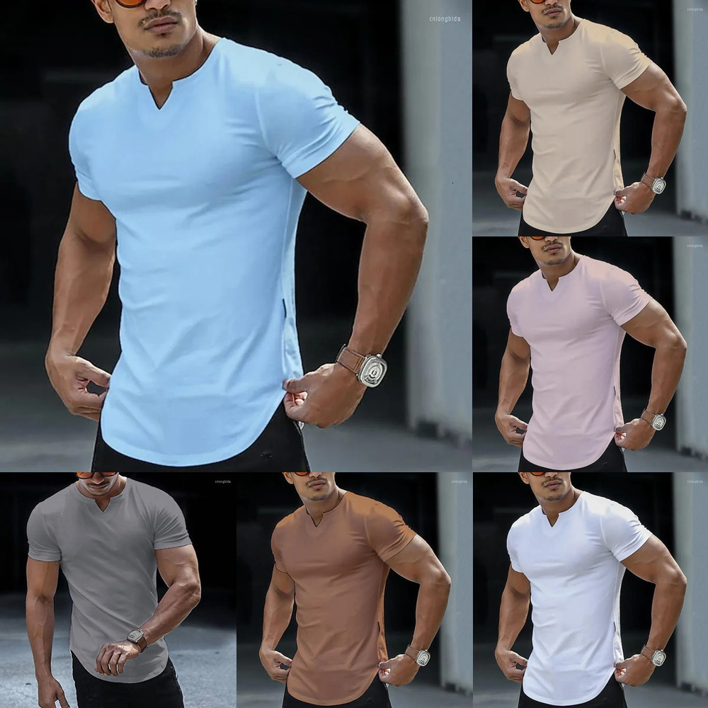CNLONGBIDA Men's T Shirts Casual Slim Fit Sports Shirt Mens Summer Short Sleeve V Neck Skinny Stretch Tees Leisure Men Clothes Streetwear Pullo