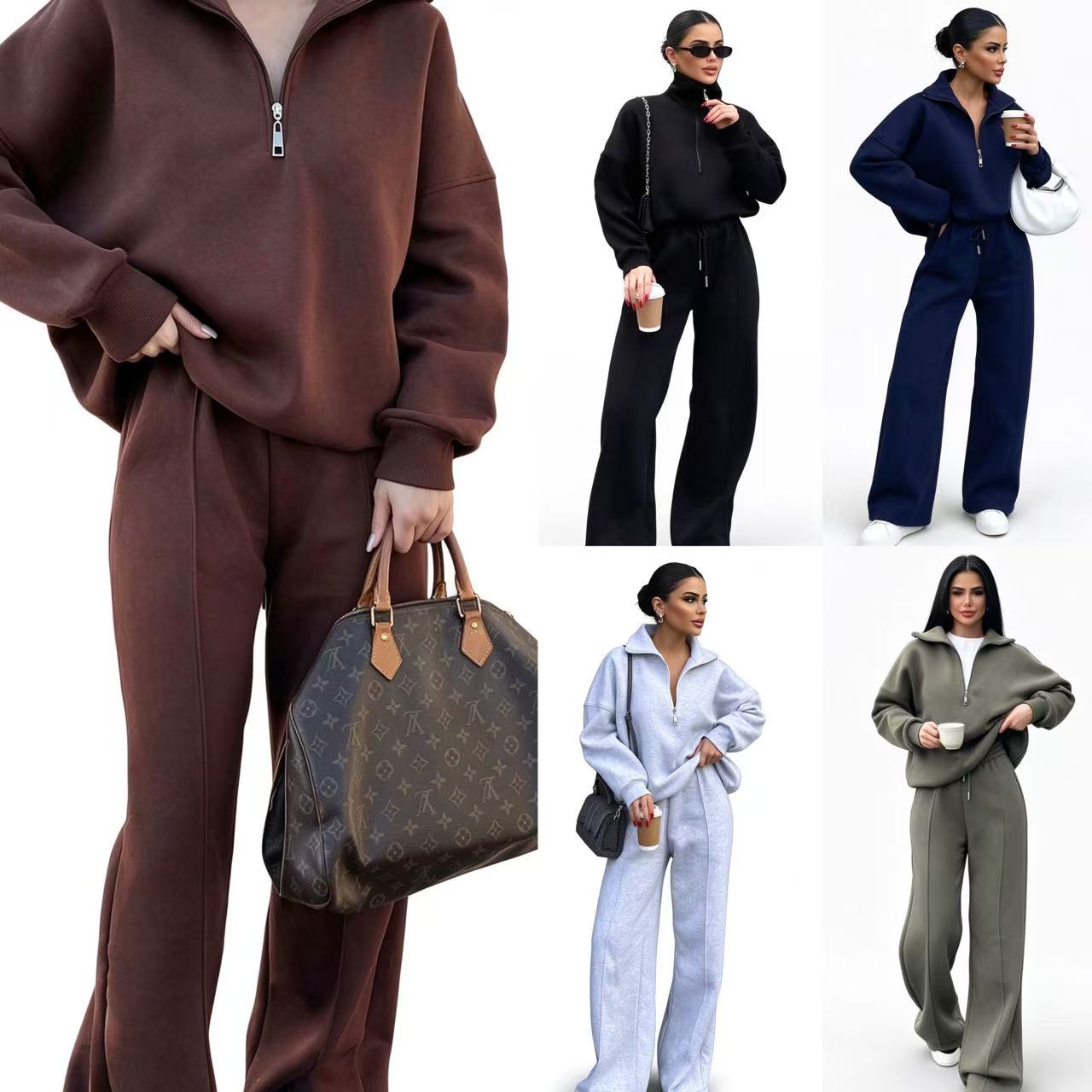 Designer Women Tracksuit Leisure Trouser Suits Two Piece Set Woman Clothing Daily Pant Suit Half Zip Sweatshirt Wide Leg Casual Outfits