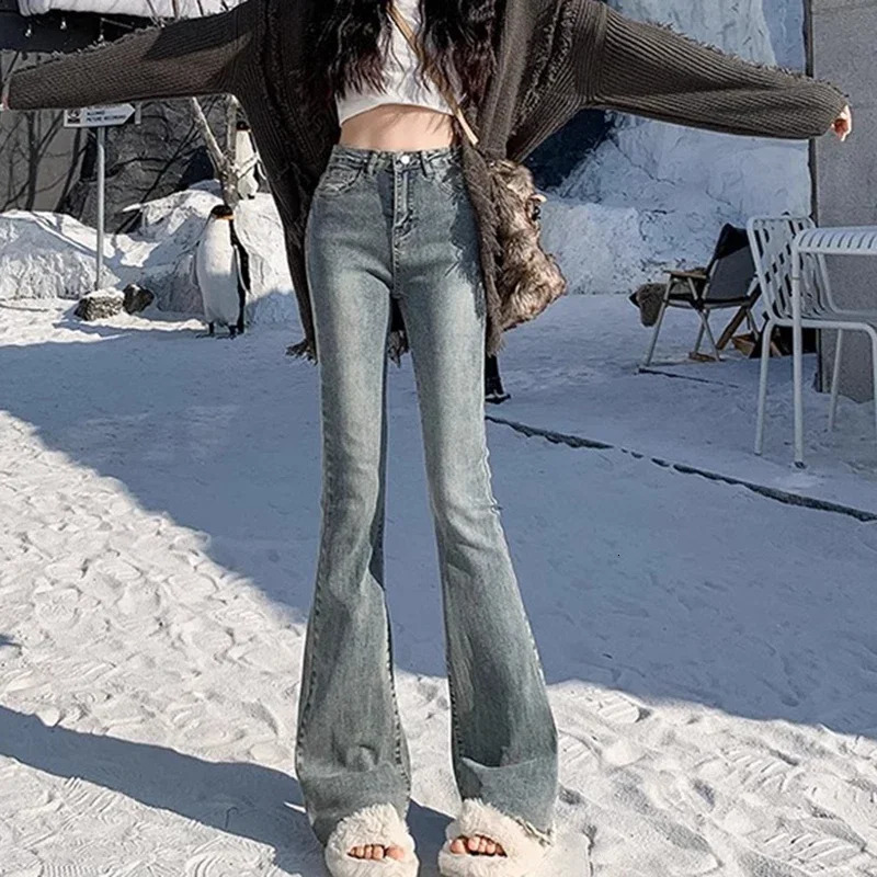 Woman High Waist Vintage Flare Jeans Female Gothic Elastic Bell Bottom Pants Lady Streetwear Blue Black Grey Denim Trousers 261013