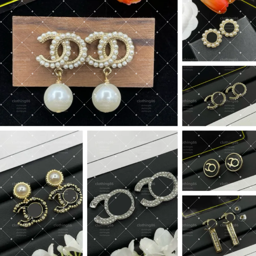 Fashion Pearl Double Letter Stud Rhinestone Stud Earrings Women 18k Gold Plated Diamond Sparkly Crystal 925 Silver Ear Girl Jewelry for Wedding Part