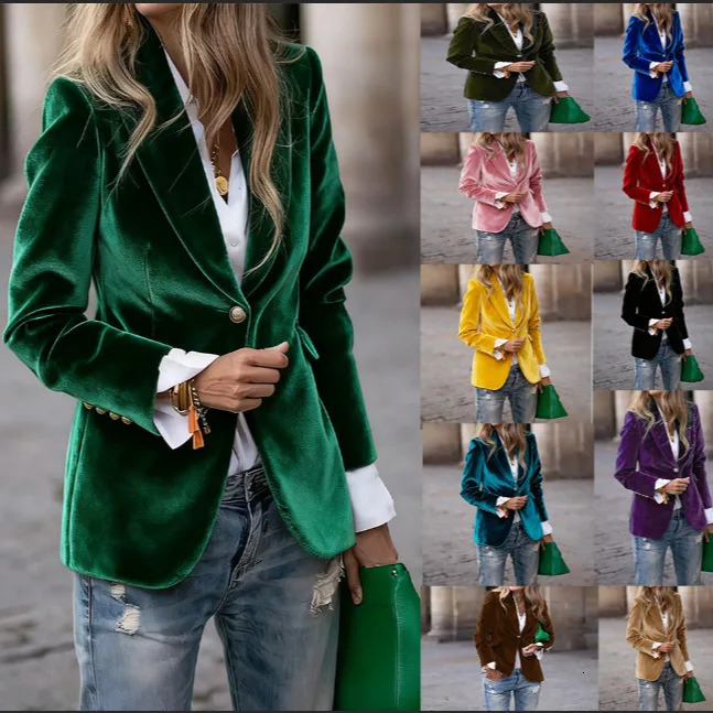Womens Velvet Blazer Lapel Single Button Jacket 2026 Autumn Winter Casual Streetwear Office Lady Work Coat Solid Color Outwear 261017
