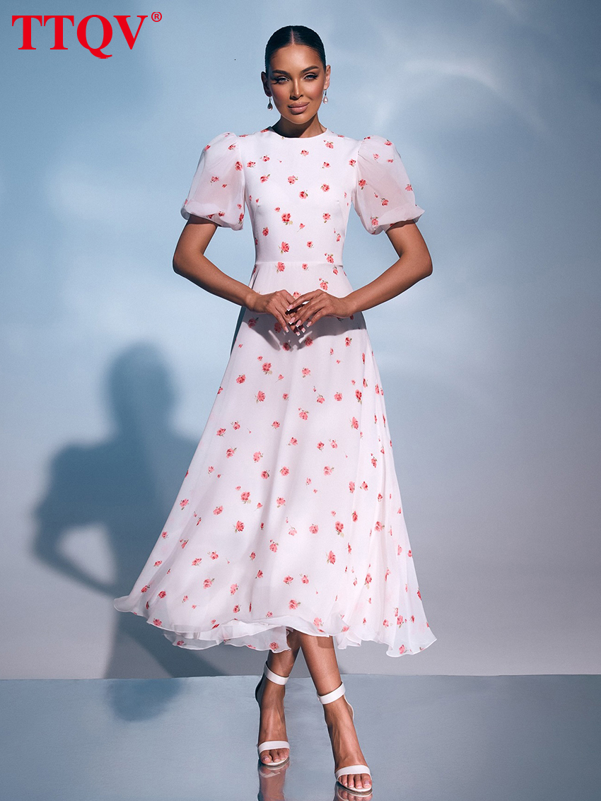 2026 Summer Loose Print Women's Fashion O-Neck Short Sleeve Ankle Length Dresses Elegant Classic High Waist Female Dress
